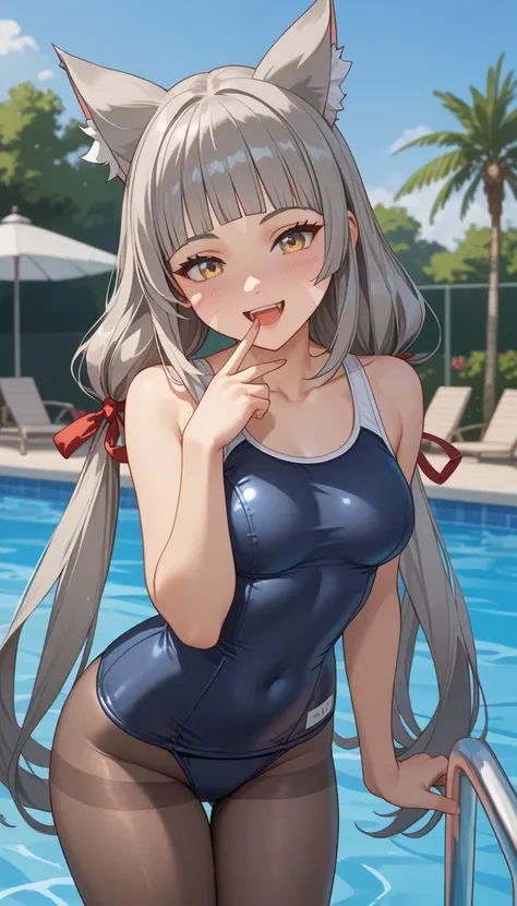 score_9, score_8_up, score_7_up,  source_Anime Top Quality、8k、 masterpiece、Ultra-fine、 natural light、perfect anatomy、 Completely、beautiful eyes、 highlights、One Woman、baby face:1.5、medium chest、Saggy Breasts、blDnia , cat ears, grey hair, low twintails, very...