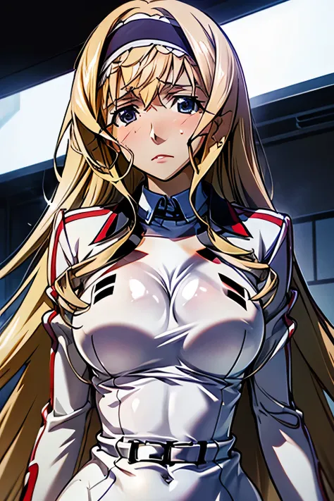 perfect anatomy　top quality,highest resolution,(((white shiny uniform　One Piece Dress　Shiny Blonde　 Long Hair　sweat　shiny skin)))　Cecilia Alcott　Infinite Stratos