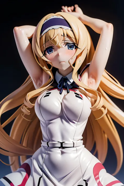 perfect anatomy　top quality,highest resolution,(((white shiny uniform　One Piece Dress　Shiny Blonde　 Long Hair　sweat　shiny skin)))　Cecilia Alcott　Infinite Stratos