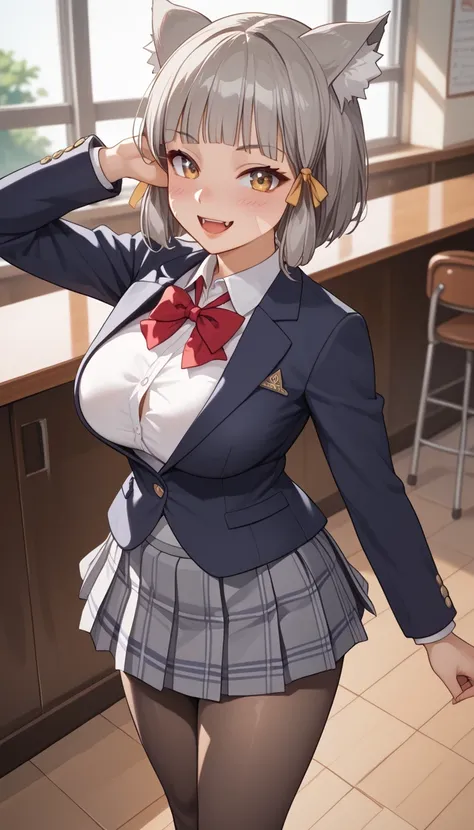 score_9, score_8_up, score_7_up, source_Anime Top Quality、8k、 masterpiece、ultra high definition、 natural light、perfect anatomy、 perfect eye、beautiful eyes、 Highlights、One Woman、Baby Face:1.5、Big Breasts、saggy breasts、XC2nia , cat ears, grey hair, short ha...