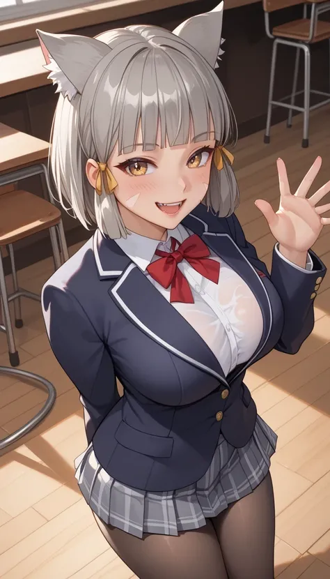 score_9, score_8_up, score_7_up,  source_Anime Top Quality、8k、 masterpiece、ultra high definition、 natural light、perfect anatomy、 perfect eye、beautiful eyes、 Highlights、One Woman、Baby Face:1.5、Big Breasts、saggy breasts、XC2nia , cat ears, grey hair, short ha...