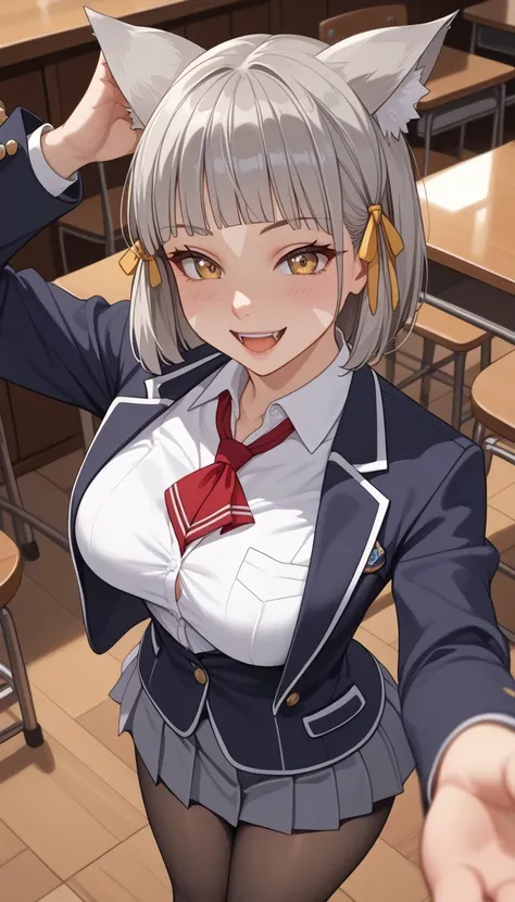 score_9, score_8_up, score_7_up,  source_Anime Top Quality、8k、 masterpiece、ultra high definition、 natural light、perfect anatomy、 perfect eye、beautiful eyes、 Highlights、One Woman、Baby Face:1.5、medium chest、saggy breasts、XC2nia , cat ears, grey hair, short h...