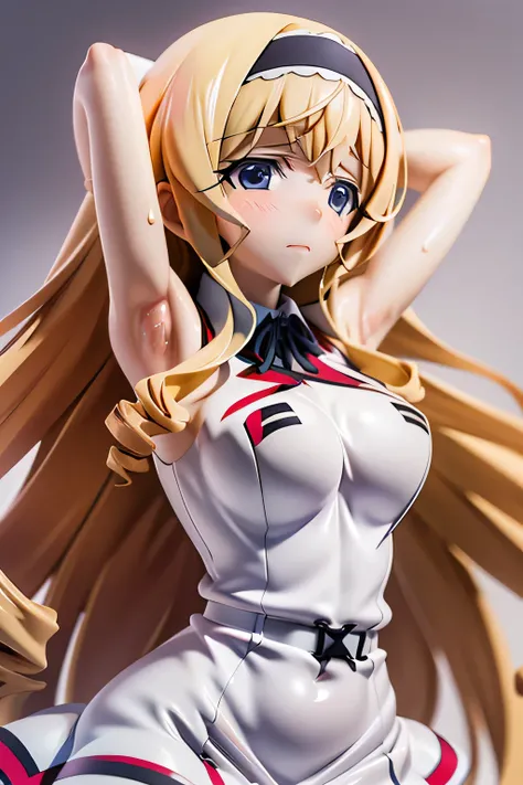 perfect anatomy　top quality,highest resolution,(((white shiny uniform　One Piece Dress　Shiny Blonde　 Long Hair　sweat　shiny skin)))　Cecilia Alcott　Infinite Stratos