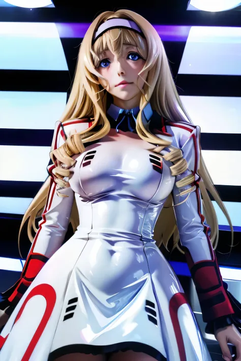 perfect anatomy　top quality,highest resolution,(((white shiny uniform　One Piece Dress　Shiny Blonde　blue eyes　 Long Hair　shiny skin)))　Cecilia Alcott　Infinite Stratos