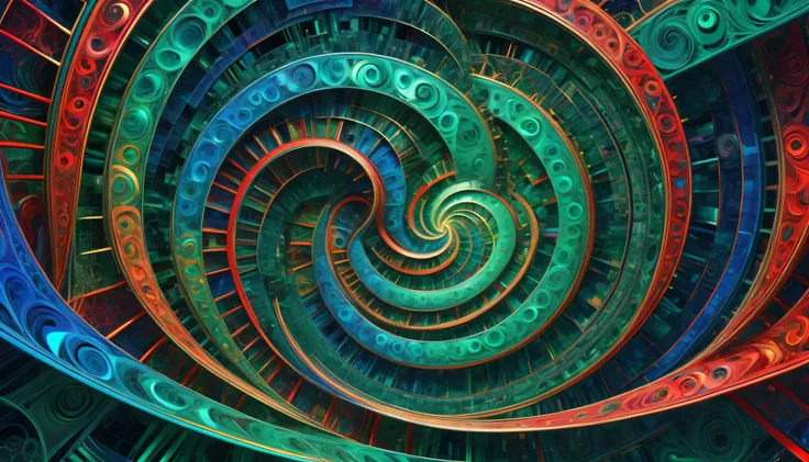 an abstract 3d weird fractal image made of colorful spirals and geometric lines, in the style of circuitry, tesseract, contained chaos, illusionary paintings, interactive pieces, vibrant mosaic, emerald green and light red and cobalt, mind-bending illusion...