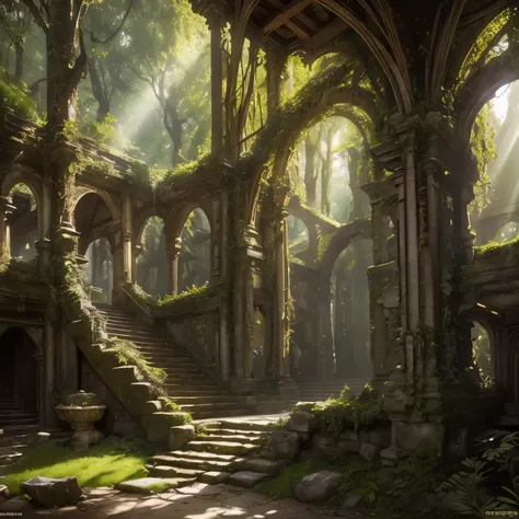 a secret place, detailed fantasy landscape, beautiful serene forest, mysterious hidden clearing, lush green foliage, sunlight filtering through trees, ancient stone ruins, overgrown with vines,moss-covered steps, intricate carved archways, ornate stone car...