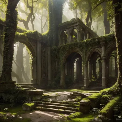 a secret place, detailed fantasy landscape, beautiful serene forest, mysterious hidden clearing, lush green foliage, sunlight filtering through trees, ancient stone ruins, overgrown with vines,moss-covered steps, intricate carved archways, ornate stone car...