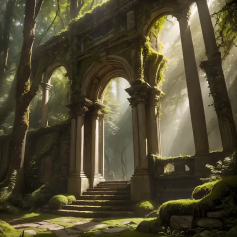 a secret place, detailed fantasy landscape, beautiful serene forest, mysterious hidden clearing, lush green foliage, sunlight filtering through trees, ancient stone ruins, overgrown with vines,moss-covered steps, intricate carved archways, ornate stone car...