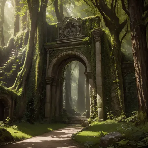 a secret place, detailed fantasy landscape, beautiful serene forest, mysterious hidden clearing, lush green foliage, sunlight filtering through trees, ancient stone ruins, overgrown with vines,moss-covered steps, intricate carved archways, ornate stone car...