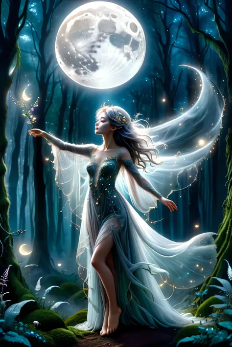 (masterpiece), (8k), (best quality), (sublime), a Ghost, feminine, ethereal, fey, a celestial organism, death, alive again, wispy, translucent, sentient, pale, arms up, body stretched elongated bending and poised, silvery smoke, wispy strands of moon silve...