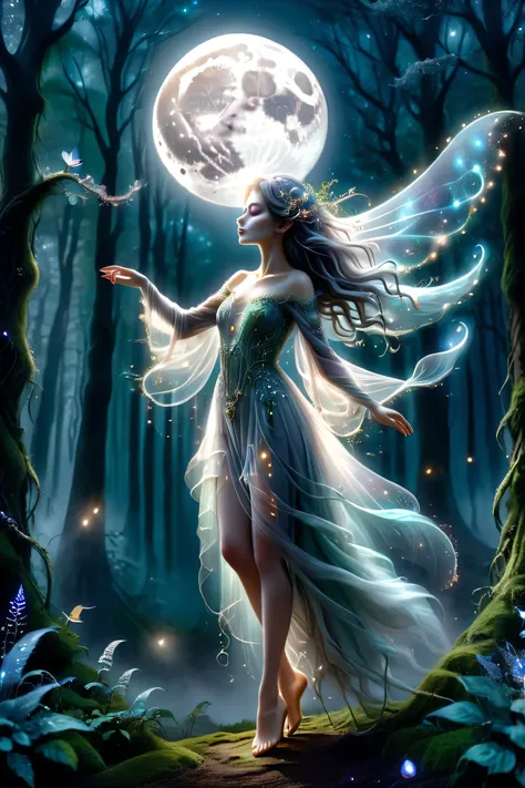 (masterpiece), (8k), (best quality), (sublime), a Ghost, feminine, ethereal, fey, a celestial organism, death, alive again, wispy, translucent, sentient, pale, arms up, body stretched elongated bending and poised, silvery smoke, wispy strands of moon silve...
