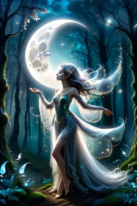 (masterpiece), (8k), (best quality), (sublime), a Ghost, feminine, ethereal, fey, a celestial organism, death, alive again, wispy, translucent, sentient, pale, arms up, body stretched elongated bending and poised, silvery smoke, wispy strands of moon silve...