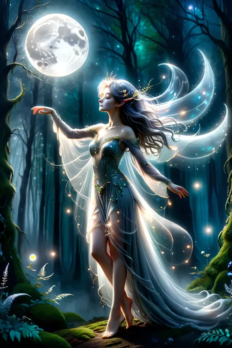 (masterpiece), (8k), (best quality), (sublime), a Ghost, feminine, ethereal, fey, a celestial organism, death, alive again, wispy, translucent, sentient, pale, arms up, body stretched elongated bending and poised, silvery smoke, wispy strands of moon silve...