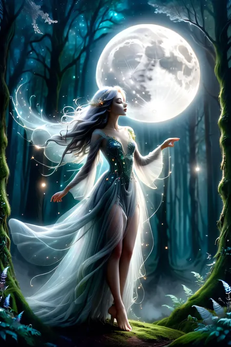 (masterpiece), (8k), (best quality), (sublime), a Ghost, haunting, ethereal, fey, a celestial organism, liminal, death, alive again, wispy, transparent, sentient, pale, arms up, feminine, body stretched elongated bending and poised, silvery smoke, wispy st...
