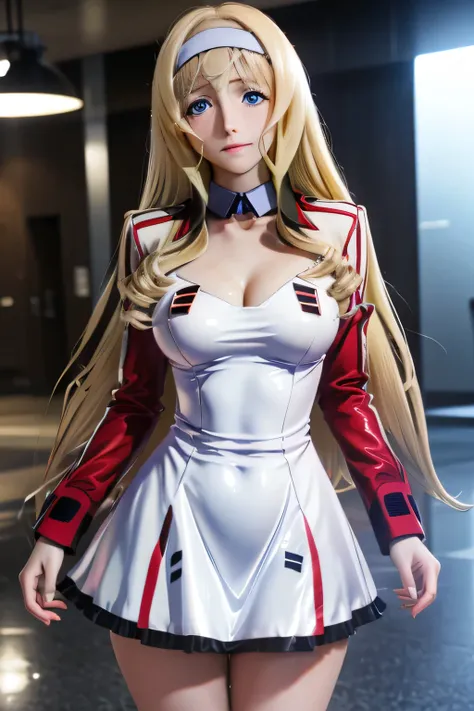 perfect anatomy　top quality,highest resolution,(((white uniform with metallic luster　One Piece Dress　Shiny Blonde　blue eyes　 Long Hair　shiny skin)))　Cecilia Alcott　Infinite Stratos