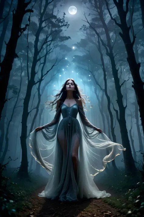 (masterpiece), (8k), (best quality), (sublime), a Ghost, haunting, ethereal, fey, a celestial organism, liminal, death, alive again, wispy, transparent, sentient, pale, arms up, feminine, body stretched elongated bending and poised, silvery smoke, wispy st...