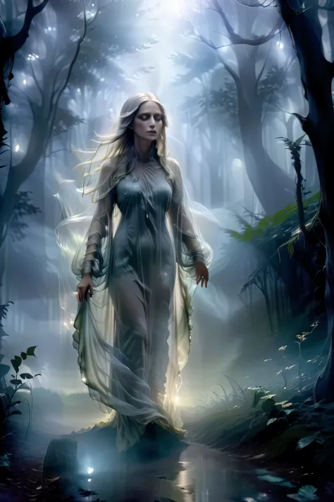 (masterpiece), (8k), (best quality), (sublime), a Ghost, haunting, ethereal, fey, a celestial organism, liminal, death, alive again, wispy, transparent, sentient, pale, arms up, feminine, body stretched elongated bending and poised, silvery smoke, wispy st...