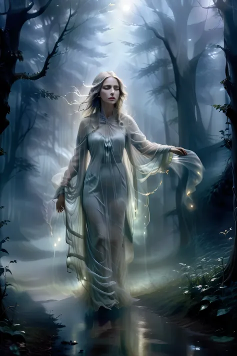 (masterpiece), (8k), (best quality), (sublime), a Ghost, haunting, ethereal, fey, a celestial organism, liminal, death, alive again, wispy, transparent, sentient, pale, arms up, feminine, body stretched elongated bending and poised, silvery smoke, wispy st...
