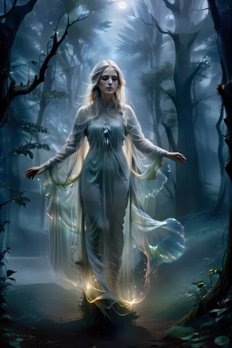 (masterpiece), (8k), (best quality), (sublime), a Ghost, haunting, ethereal, fey, a celestial organism, liminal, death, alive again, wispy, transparent, sentient, pale, arms up, feminine, body stretched elongated bending and poised, silvery smoke, wispy st...