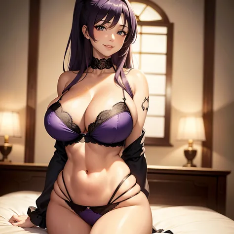 Anime, a glamour shot of a smiling Akeno Himejima (, extremely long wavy black hair with purple highlights, high ponytail), full body, enormous breasts, wide hips, big ass, standing by her bed, arms above her head, cowgirl, with Smokey eyes and manic smile...