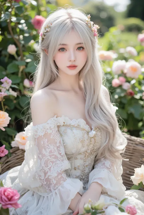 A silver-white haired girl with beautiful blue eyes is dressed in the clothes of a princess in royal times and is in a flower garden