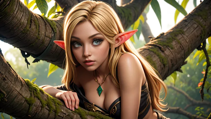 1girl , solo, elf, long hair, young elf girl, small pointy ears, round breasts, looking at viewer, green eyes, jewelry, necklace, off shoulder, laying on a branch high up in a large tree tree, skinny, lips, nose, flirting with camera, cleavage
