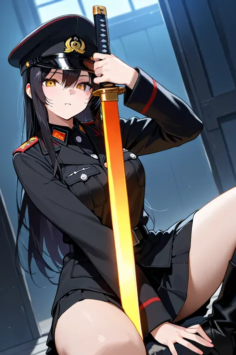 Girl with a sword, wearing a black military uniform ,bungs, black hair,long hair,beautiful face,