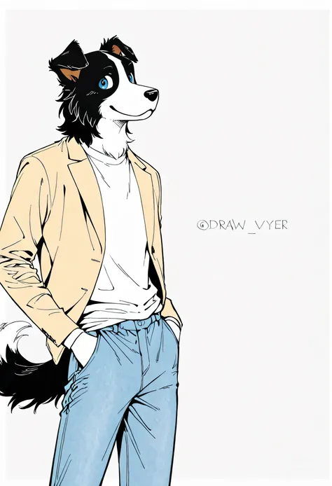 A two-legged boy character inspired by a border collie、Clothes that make you wear clothes properly、are riders jackets、The background is solid white、Draw with the waist up、Draw only from the waist up