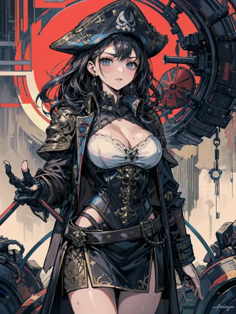 earring, big breasts, medium hair, ((((black hair)))), sexy, erotic, seductive, Sensual, adult body, sweat, cowboy shot, a heavily armored pirate, pirate captain, detailed metal armor, intricate pirate clothing, bold colors, highly detailed metal textures,