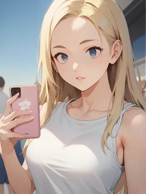 score_9, score_8_up, score_7_up,  source_anime，nsfw，uncorrected，masterpiece, top quality, 8k, ３People Women, young woman, Low body，human, (small , model body type , blonde, long hair, half-open eyes, watery eyes，fine eyebrows, smartphone, miniskirt), (larg...