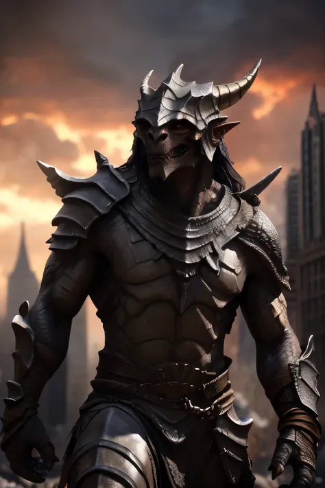 orcx-uruks mordor dragonborn, male, muscle, sweat, detailed, ultrarealistic, photorealism, sharp, exposure blend, Highest Quality, 4k, masterpiece, Amazing Details, Shallow Depth of Field, ((full body)), macro in miniscule city