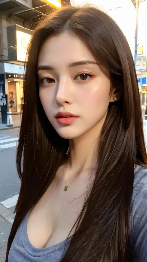 (Premium、high resolution、masterpiece:1.3)、 Beautiful Woman 、 Slim Body 、Dark Brown Hair、t-shirt、(City night streets )、Highly detailed face and skin texture、A Delicate Eye、 Double Eyelids、[ Italy 