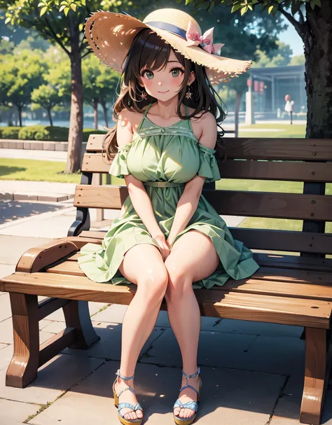 sit on the bench, One Woman, bigger breasts in bikinis, smile, long hair, Front hair, brown eyes, masterpiece, Pink platform pumps that cover the thighs where human genitals protrude anatomically accurate, a masterpiece that has won many awards, 最high qual...