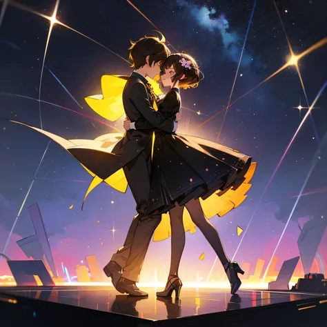  Very detailed、 18-year-old cute girl 、brown hair、short hair、black dress、flower hair ornament、Starry night、A dance floor floats above a futuristic city、neon-colored light sets a rhythm as if pulsing、Colorful sound waves fill the sky、The two silhouettes are...