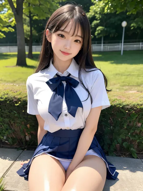 (Top quality、Very fine detail、ultra high definition:1.1)、(realistic、photorealistic facing y、Original photo:1.3)、vivid colors、The cutest high school girl、Solo Shot、(Cute uniform、 cute skirt、 smooth skin、 Glossy Thighs 、cute pose、Her cute panties are slightl...