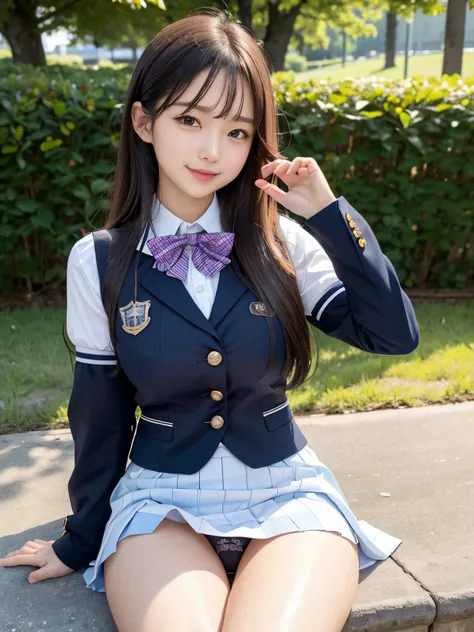 (Top quality、Very fine detail、ultra high definition:1.1)、(realistic、photorealistic facing y、Original photo:1.3)、vivid colors、The cutest high school girl、Solo Shot、(Cute uniform、 cute skirt、 smooth skin、 Glossy Thighs 、cute pose、Her cute panties are slightl...