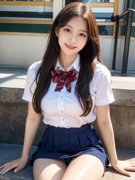 (Top quality、Very fine detail、ultra high definition:1.1)、(realistic、photorealistic facing y、Original photo:1.3)、vivid colors、The cutest high school girl、Solo Shot、(Cute uniform、 cute skirt、 smooth skin、 Glossy Thighs 、cute pose、Her cute panties are slightl...