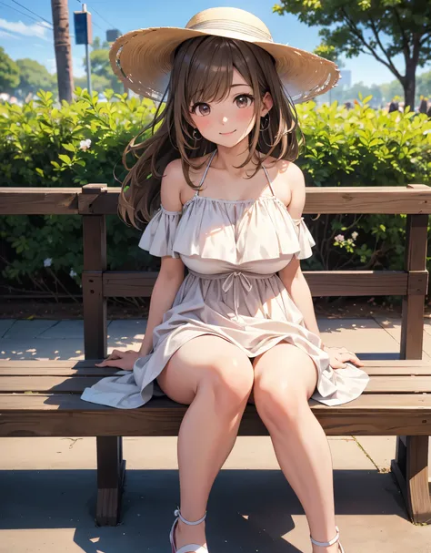 sit on the bench, One Woman, bigger breasts in bikinis, smile, long hair, Front hair, brown eyes, masterpiece, Pink platform pumps that cover the thighs where human genitals protrude anatomically accurate, a masterpiece that has won many awards, 最high qual...