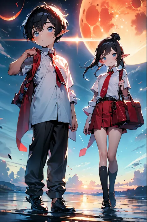 newest, Masterpiece, High quality, 8K Ultra HD, midnight, red moon, cloud fogy, one little elf girl, cute, small-chested, black school uniform, ((red tie)). full body