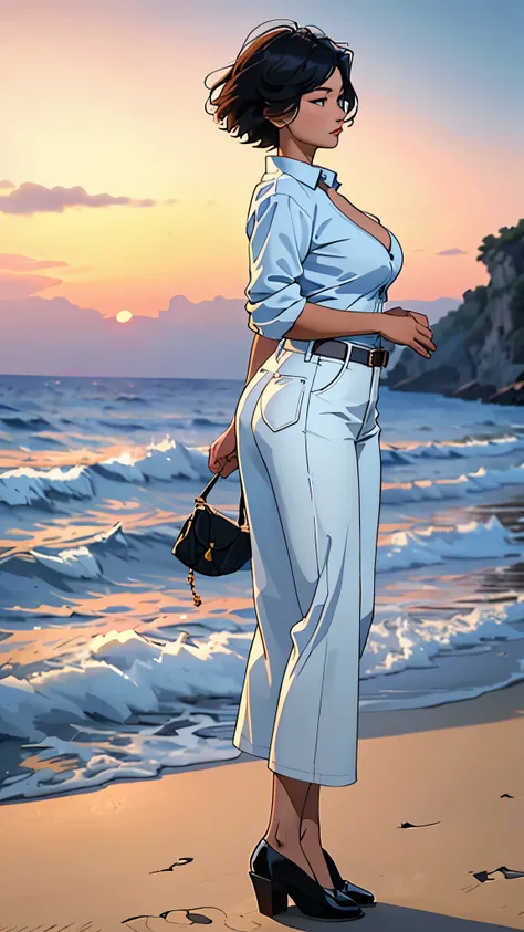 (best quality, masterpiece:1.2), A beautiful Korean woman with a glamorous figure, (huge breasts), neat short hair, seen from the side, wearing dress pants and a white button-up shirt, stands by the sea under the evening sunset