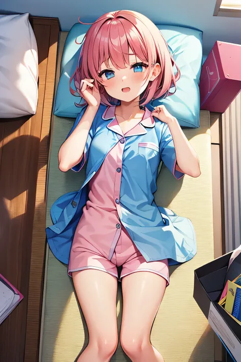 1girl、pink medium hair wiping the tide、 elementary school student、Clear Face、、I'm dyeing my cheeks a little red、、pink short sleeve pajamas、pink mini loose shorts pajamas、On the blue bed、I'm sleeping on my back、Shiny, smooth thighs、Images viewed from underf...