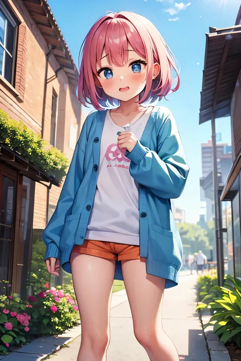 1girl、pink medium hair wiping the tide、 elementary school student、embarrassed faces、I'm dyeing my cheeks a little red、The front of the light blue cardigan is open、white shirt、orange mini loose loungewear shorts、 standing、[Directly above your feet
An image ...