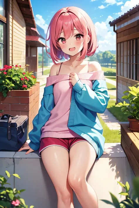 1girl、pink medium hair wiping the tide、 elementary school student、is laughing、I'm dyeing my cheeks a little red、、red off-the-shoulder sweater、pink mini loose loungewear shorts、Blue shoes、sitting、garden、Shiny, smooth thighs、Lunch、image of Subesubetsuya view...