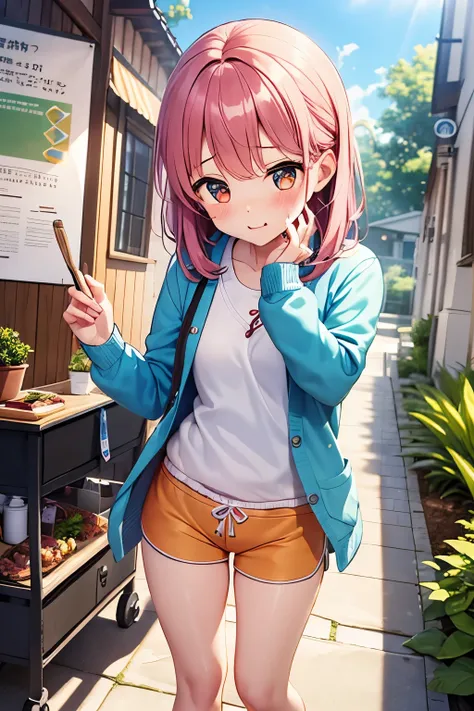 1girl、pink medium hair wiping the tide、 elementary school student、embarrassed faces、I'm dyeing my cheeks a little red、The front of the light blue cardigan is open、white shirt、orange mini loose loungewear shorts、 standing、[Directly above your feet
An image ...