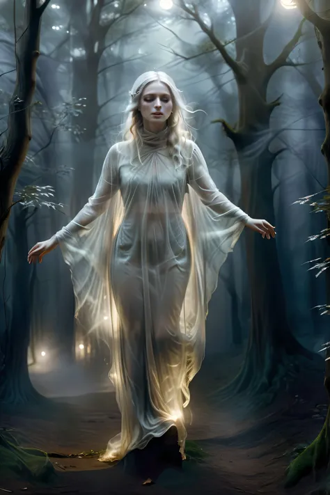 (masterpiece), (8k), (best quality), (sublime), a Ghost, haunting, ethereal, fey, a celestial organism, liminal, death, alive again, wispy, transparent, sentient, pale, arms up, feminine, body stretched elongated bending and poised, silvery smoke, wispy st...