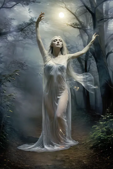 (masterpiece), (8k), (best quality), (sublime), a Ghost, haunting, ethereal, fey, a celestial organism, liminal, death, alive again, wispy, transparent, sentient, pale, arms up, feminine, body stretched elongated bending and poised, silvery smoke, wispy st...