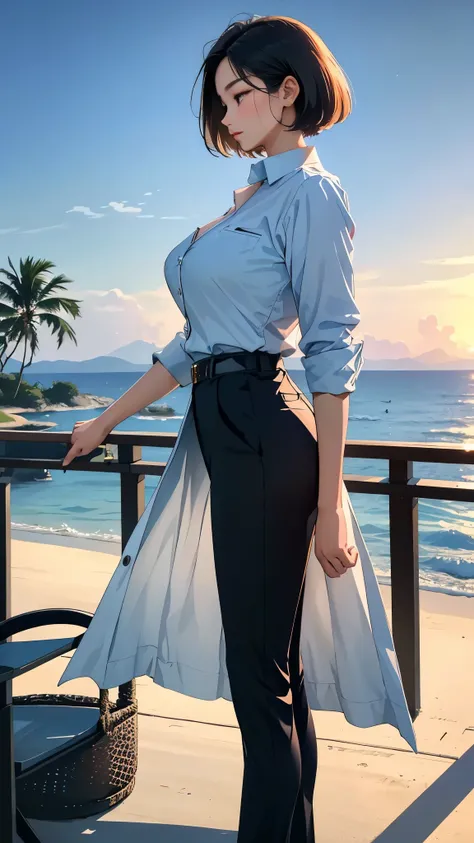 (best quality, masterpiece:1.2), A beautiful Korean woman with a glamorous figure, (huge breasts), neat short hair, seen from the side, wearing dress pants and a white button-up shirt, stands by the sea under the evening sunset