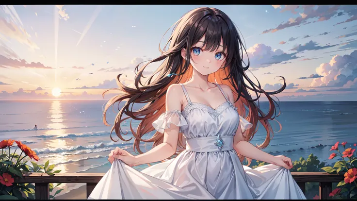 A detailed young woman stands on the edge of a serene, detailed cliff overlooking a vast, sparkling ocean at sunset. She’s wearing a detailed light blue flowy dress that sways gently in the cool breeze, the fabric flowing with exquisite detail, catching th...