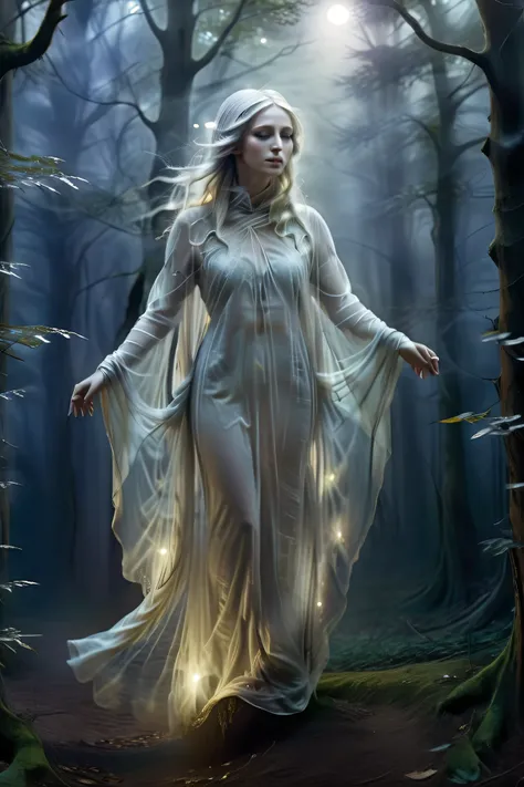 (masterpiece), (8k), (best quality), (sublime), a Ghost, haunting, ethereal, fey, a celestial organism, liminal, death, alive again, wispy, transparent, sentient, pale, arms up, feminine, body stretched elongated bending and poised, silvery smoke, wispy st...
