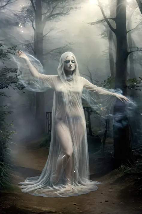 (masterpiece), (8k), (best quality), (sublime), a Ghost, haunting, ethereal, fey, a celestial organism, liminal, death, alive again, wispy, transparent, sentient, pale, blank face, black inside hood, arms up, feminine, body stretched elongated bending and ...